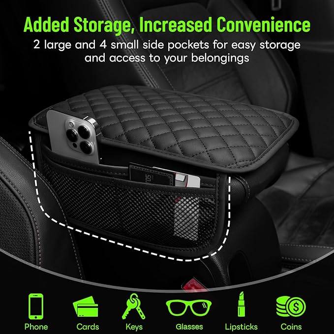 ADDSOM Car Center Console Cover with 6 Storage Pockets, Leather Car Arm Rest Cover Thickened Cushion, Universal Vehicle Armrest Pad Interior Protector, Black