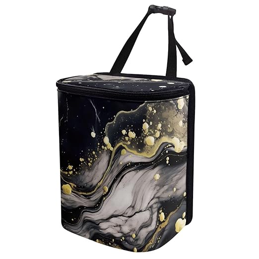 Black Marble Car Trash Can with Lid，Leak-Proof Washable Auto Garbage Bag Interior Accessory Hanging Vehicle Trash Bin for Back Seat，Road Trip