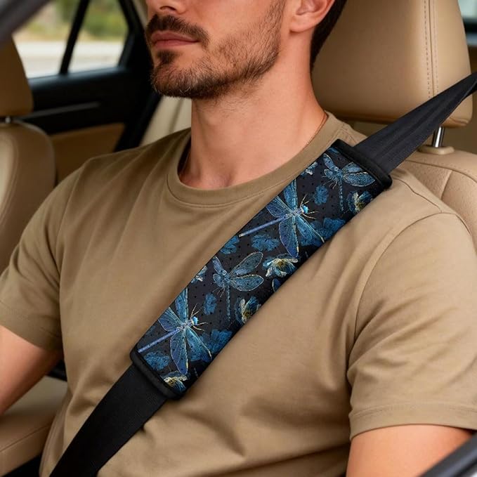 Qeluxign Dragonfly Floral 5 Piece Car Seat Covers Set for Women Men PU Leather Seat Covers Belt Pads and Armrest Cover Universal Fit Car Accessories