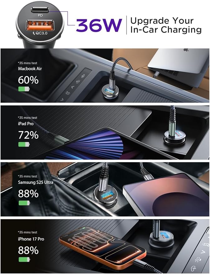LISEN Car Charger USB C, 54W Cigarette Lighter USB Charger Adapter, Car Accessories for Men, Mini USBC Cars Fast Charging Adapter USBC Type C 12V Plug Outlet, for iPhone 17 Pro Max 16 15 14 13 12 Plus