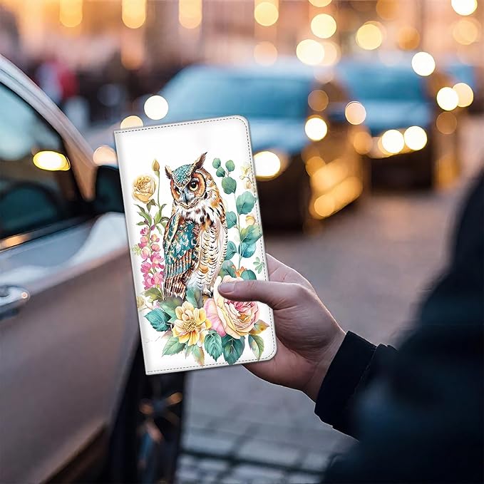 Car Registration Holder, Waterproof PU Leather Vehicle Card Document Glove Box Organizer, Women Interior Auto Accessories Case for Cards, Driver License Car Insurance Holder, Watercolor Owl + Flowers