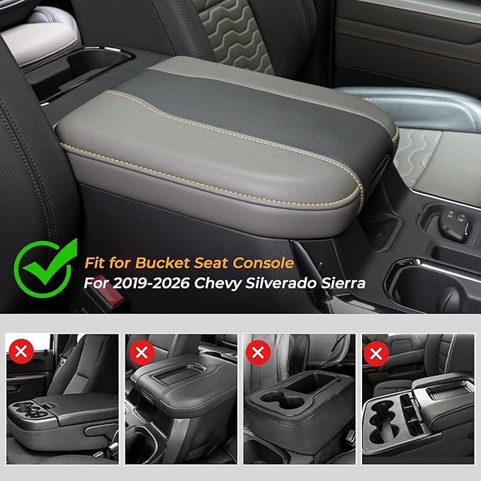 FUNY Center Console Cover Compatible with 2019-2025 Silverado Sierra, Middle Console Cover Lid, Car Arm Rest Covers Cushion Pad, Bucket Seat Middle Console Armrest Box Leather Protective Cover
