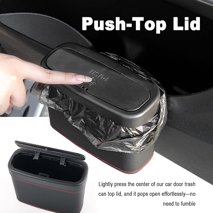 Push-Top Car Trash Can with Lid and Hanging Clip,Small Leather Car Garbage Can with 30 Trash Bags,Multi-Purpose Leakproof Cars Trashes Bin Cars Accessories for SUV,Truck,Auto