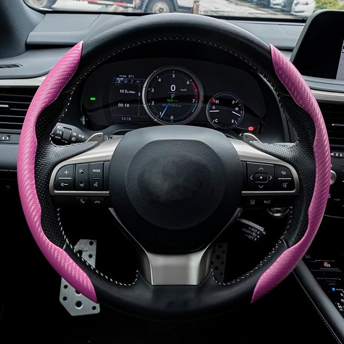 Amiss Carbon Fiber Anti-Skid Steering Wheel Cover, Universal 99% Car Wheel Cover Protector, Pink
