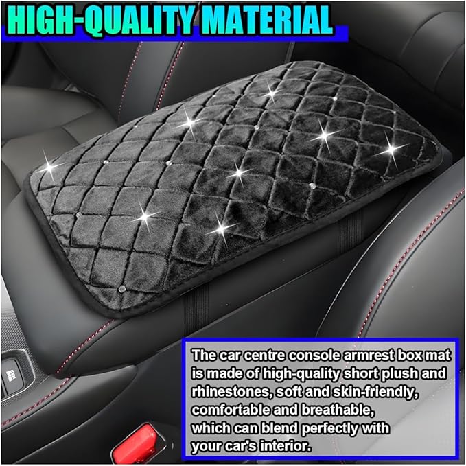 Bling Car Center Console Cover, Soft Comfortable Fluffy Car Armrest Cover, Crystal Rhinestone Seat Box Cushion Protector, Automotive Interior Decoration Accessories for Most Vehicles (Black)