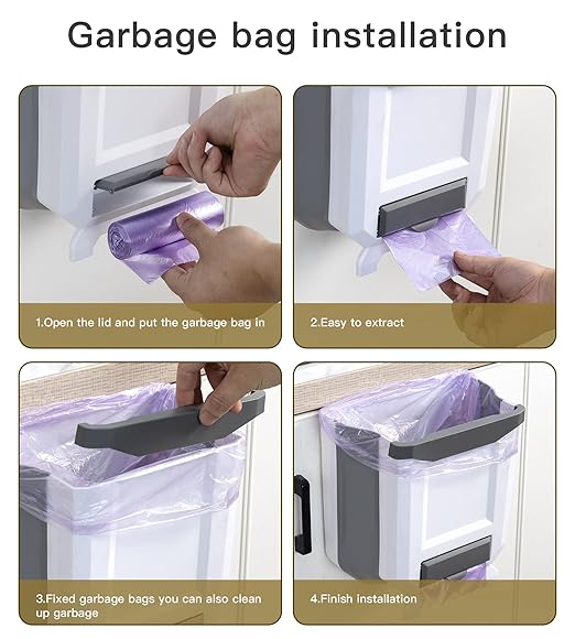Hanging Kitchen Trash Can, Foldable Waste Bin for Kitchen, Collapsible Hang Small Plastic Garbage Can 2.4 Gallon for Cabinet/Car/Bedroom/Bathroom (White)