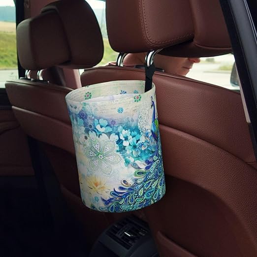 Peacocks and Flowers Car Trash Can Leak Proof Hanging Waterproof Garbage Can Multipurpose Trash Bin for Car SUV Front Seat Headrest Collapsible and Portable Storage Pocket
