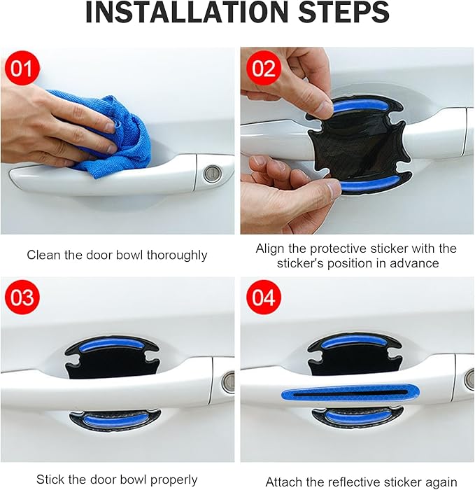 8PCS 3D Carbon Fiber Car Door Handle Protector Sticker, Universal Auto Door Handle Anti Scratch Cover Guard, Car Outdoor Safety Reflective Strips, Paint Guard Protective Films(Blue)