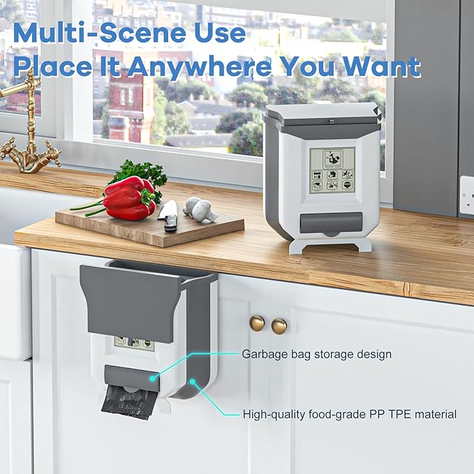 HI NINGER Small Trash Can with Lid, Grey White, 2.4 Gallon, Collapsible, Odor Seal, Kitchen Compost Bin, Hanging, Portable, Indoor