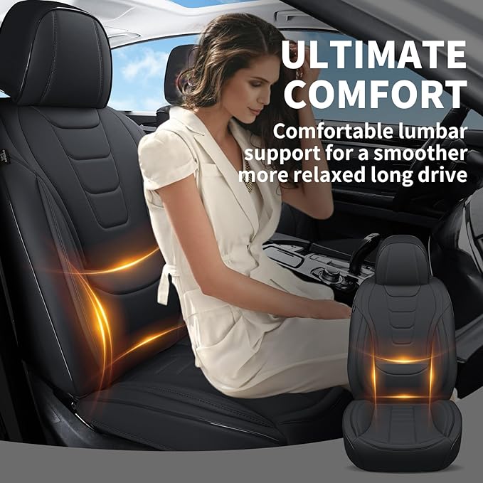 Car Seat Covers for Front Seats – Waterproof & Breathable Faux Nappa Leather, 360° Full Wrap Design, Airbag Compatible, Lumbar Support, Perfect for Drivers With Back Pain From Sitting Too Long – Black