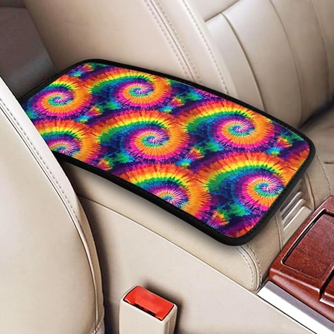 Car Center Console Cushion Pad Colorful Tie Dye Arm Rest Pads Universal Armrest Box Cover Protector Rainbow Comfortable Car Decor Accessories Auto Center Console Lid Covers