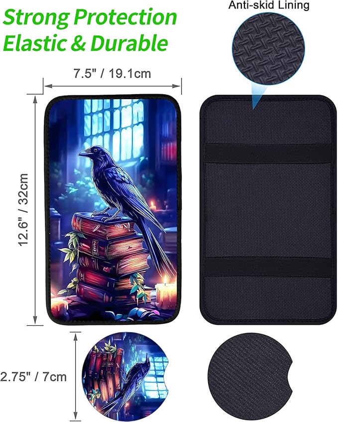 JANENFNA Car Armrest Cover Pads Universal Fashion Cute Auto Center Console Armrest Cover Pad with 2PCS Car Coasters Soft Waterproof Car Armrest Seat Protector for Women,Crow Standing on Books