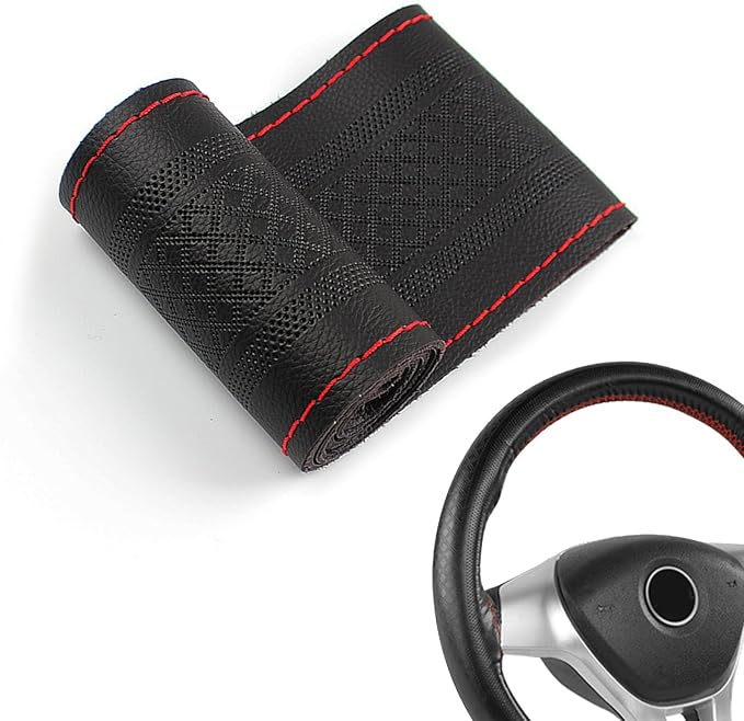 Comfortable Leather Steering Wheel Cover, Non Slip and Breathable, Suitable for 15 Inch Steering Wheel (Red Stripe