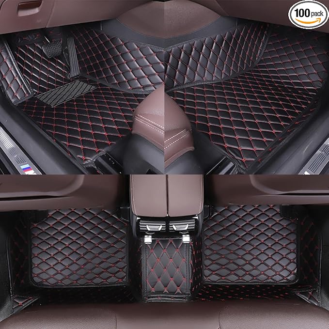 Customize All-Weather Protection Waterproof Leather Floor Mats for Cars, SUVs, and Trucks According to Automotive Model (Black red)