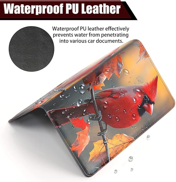 Car Document Holder with Magnetic Shut, Car Registration and Insurance Card Holder, Vehicle Glove Box Organizer Documents, Driver License Auto Paperwork Organizer Wallet,Red Cardinal In Fallen Leaves