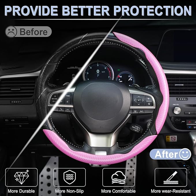Amiss 3pcs Carbon Fiber Anti-Skid Steering Wheel Cover, Waterproof & Segmented Butterfly Design, Universal 99% Vehicle Wheel Cover Protector, Car Interior Accessories, Pink