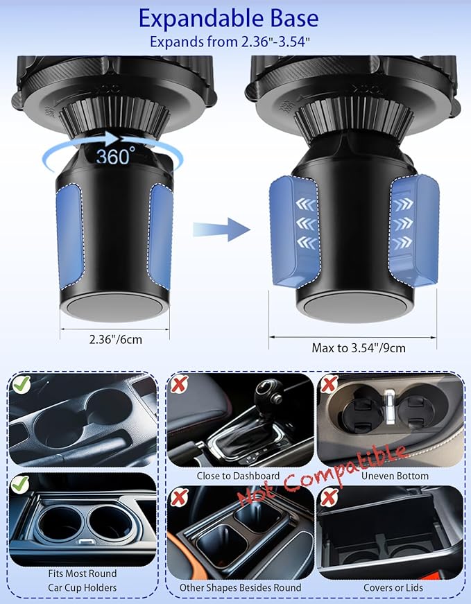 Car Cup Holder Tray - 4 in 1 Adjustable Car Cup Holder Expander with Food Tray Table and Phone Mount 360° Swivel for All Purpose, Automotive Essentials for Driver and Front Passenger