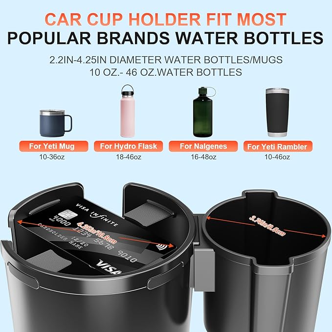 2-in-1 Car Cup Holder Expander, Upgraded Cup Adapter for Car with Offset Option,Phone Holder - Adjustable Base,Versatile Car Accessories Fits Yeti,Hydroflask & Large Water Bottles in 2.2"-4.2" (Black)