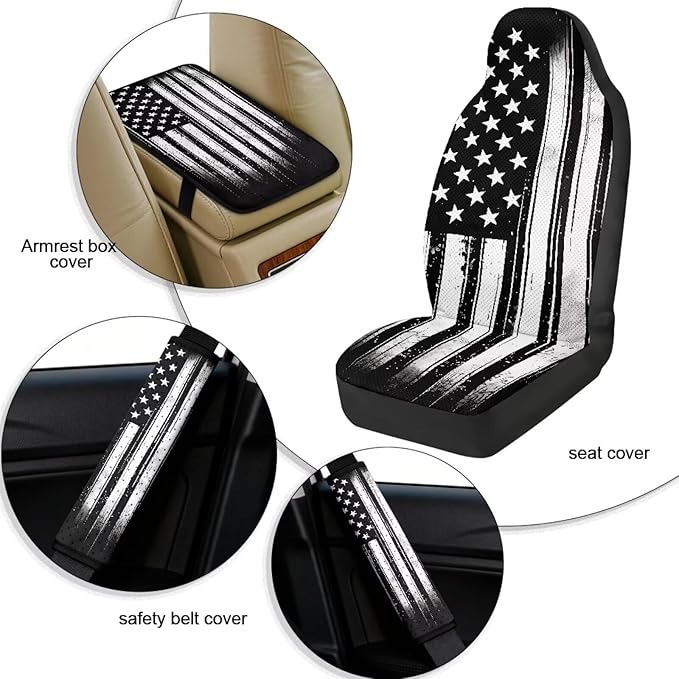 Qeluxign American Flag PU Leather Car Seat Cover Set of 5 Auto Accessories 2 Front Bucket Seat Covers, 2 Seatbelt Pads & 1 Armrest Cover, Easy to Install