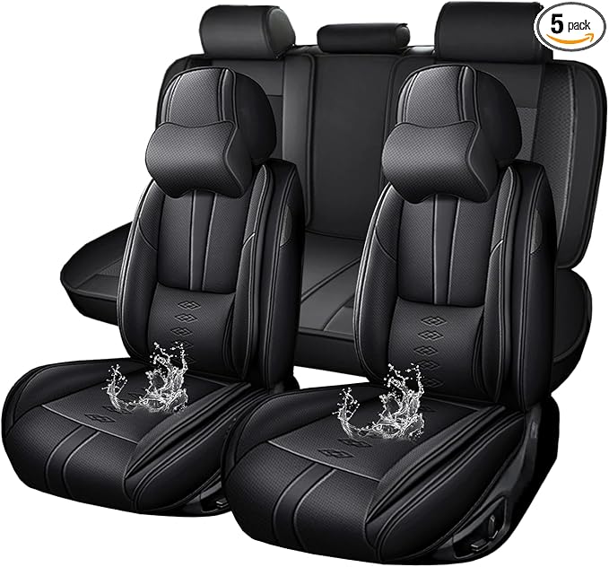 Premium Universal Car Seat Cover, Comfortable Leather Seat Cover for 96% of Models, Waterproof Car Seats Protectors Cushions for 5 Seats(Black,Pillows)