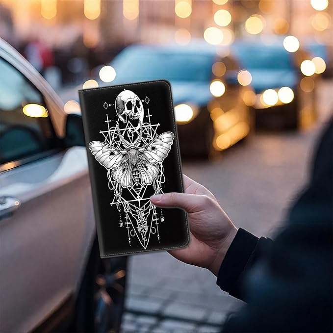 Car Registration Holder, Waterproof PU Leather Vehicle Card Document Glove Box Organizer, Women Interior Auto Accessories Case for Cards, Driver License Car Insurance Holder, Moth Skull Design Pattern