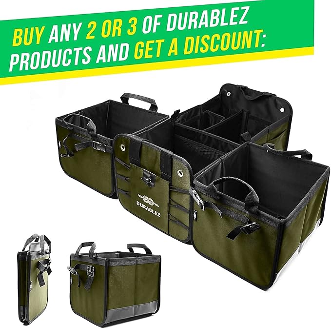 DURABLEZ 4-Section Extra Large Trunk Organizer – Heavy Duty 1680D, Collapsible & Foldable Cargo Organizer, Modular Multi-Shape Storage System for SUVs, Trucks, Vans – Green