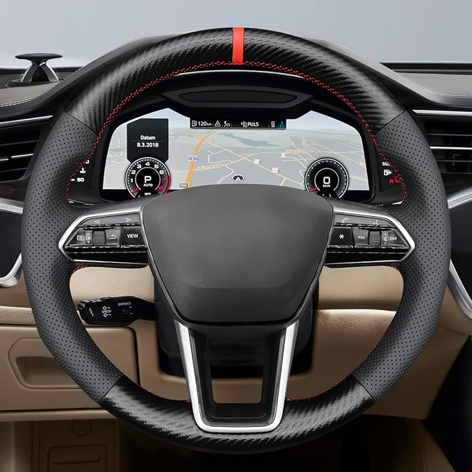 MEWANT Hand Stitch Steering Wheel Cover for Audi A6 2019-2022 A6 Allroad 2020-2022 A7 2019-2022 RS 6 Avant 2021-2022 RS 7 2021-2022 S6 2020-2022 Faux Leather PU Carbon Fiber DIY Interior Accessories