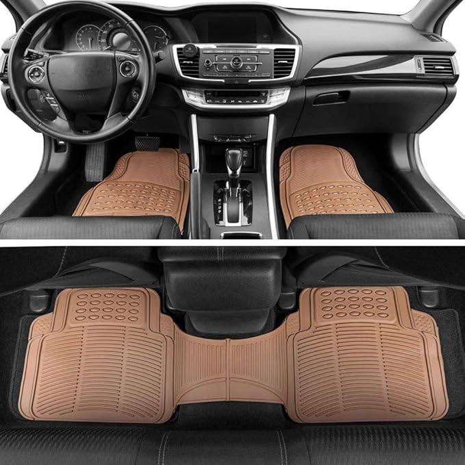BDK Beige Heavy Duty Front & Rear Rubber Floor Mats Universal Liners for Car SUV Van & Truck, All Weather Protection with Anti-Slip Nibs, Fit Contours of Most Vehicles