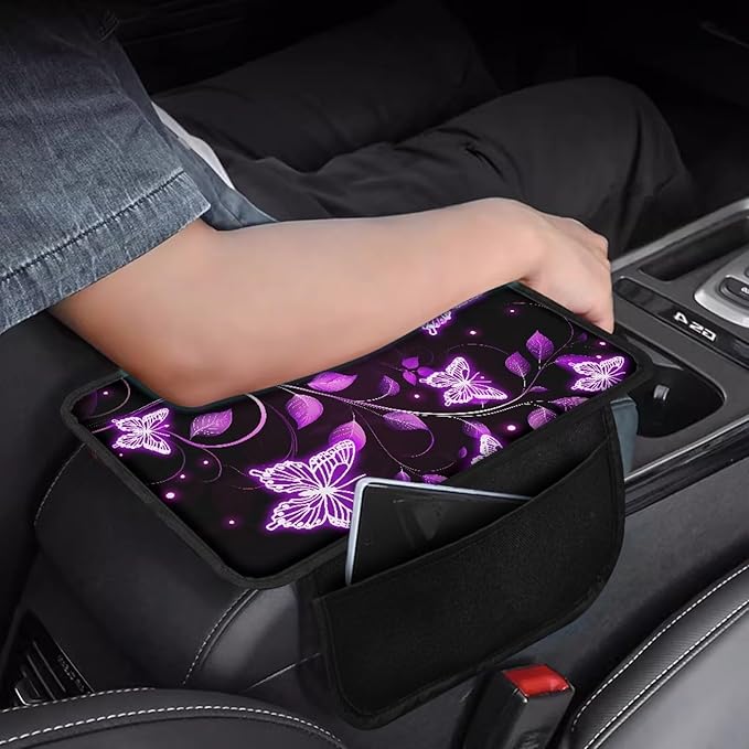 Dreaweet Purple Butterfly Car Armrest Cover for Women Center Console Cover with Storage Pockets Comfortable Car Arm Rest Cover Pad Non Slip Console Covers for Car SUV Trucks
