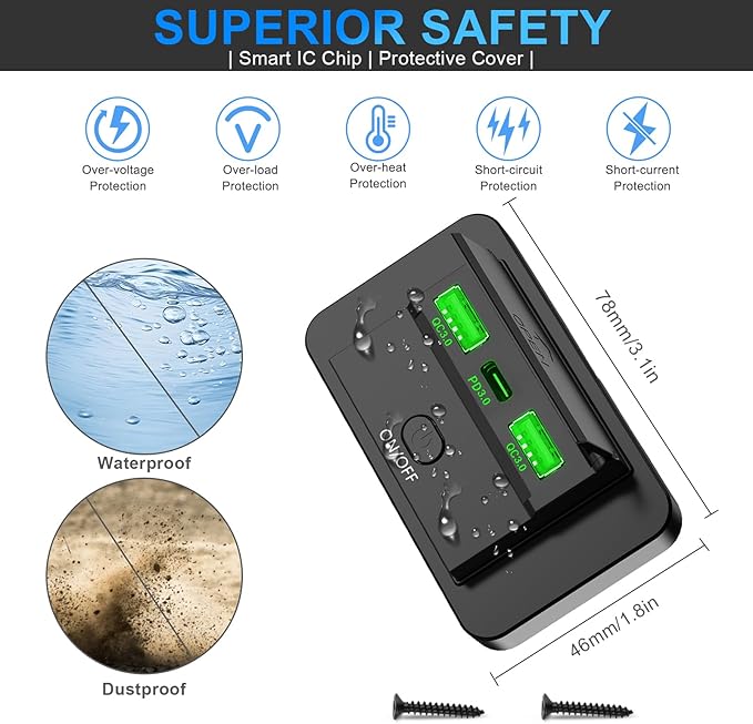 2PCS 3 Ports 12V RV USB Outlet 72W, Gibbab Dual USB QC3.0 36W & PD3.0 Type-C Quick Charge 36W Panel Wall Mount, Automotive Car Socket Charger Adapter for RV Marine Boat Bus ATV Motorcycle Truck