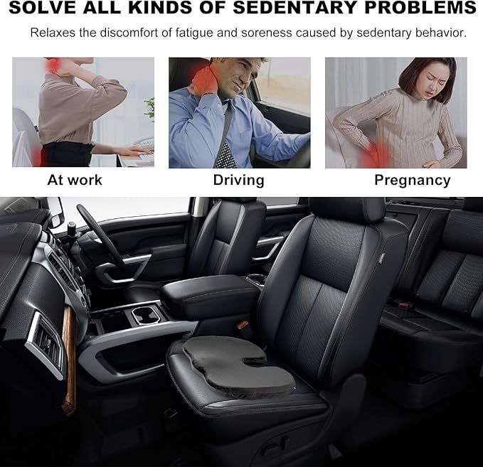 Memory Foam Seat Chair Cushion, Comfortable Auto Cushions for Long Periods of Sitting, Pregnancy Car Seat Cushion for Back, Coccyx & Sacrum Pain Relief, Car Accessories (Black)