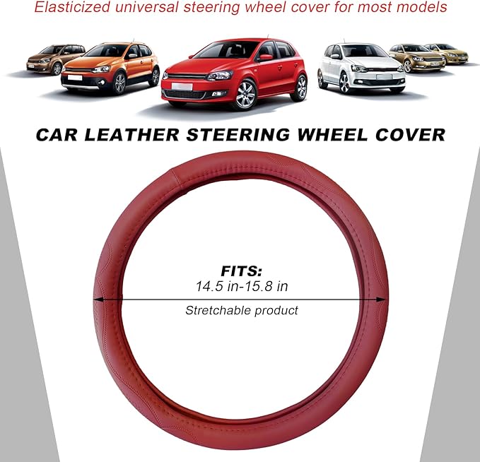 15 Inch Leather Steering Wheel Cover, Breathable Anti-Slip Steering Wheel Protector Cover, Elastic Soft Comfortable Universal Wheel Cover for Men and Women, Car Accessories (Wine Red)
