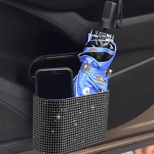 Bling Car Trash Can with Lid Mini Auto Garbage Bin Rhinestone Hanging Vehicle Trash Container Odor Proof Organizer (Black)