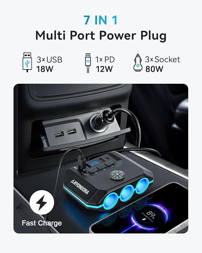 7-in-1 Cigarette Lighter Splitter, 120W Car Charger Adapter with 3 Sockets & Independent Switches, 4 USB Ports (USB-A/USB-C), LED Voltage Display, UL Certified, Built-in Fuse + Spare Fuse