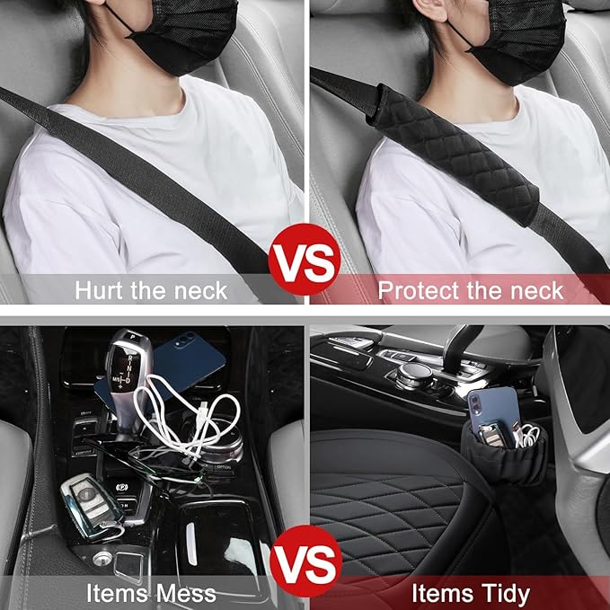 BEITK 2 Pack Leather Front Car Seat Covers, Universal Sideless Car Seat Protectors with Storage Pocket and Seat Belt Pads, Waterproof Automotive Seat Cover for Cars Trucks SUV(Black)