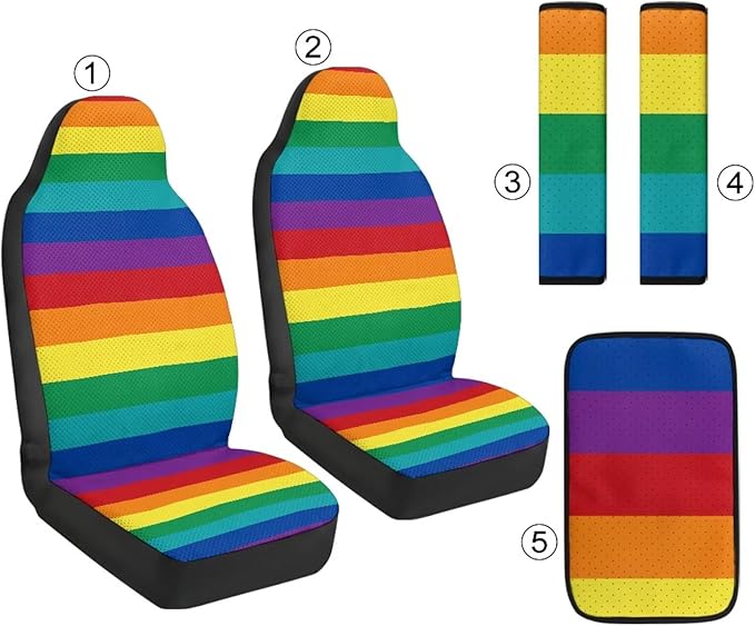 Psesaysky Rainbow Stripe Car Seat Covers Set of 2 with Padded Armrest Cover Seat Belt Pad, Waterproof Car Interior Accessories Unverisal Fit Most Vehicle SUV Turcks