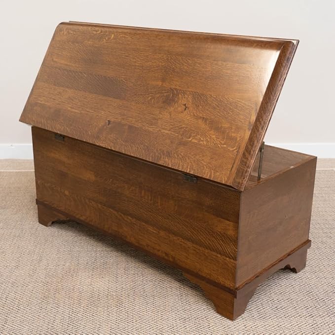 Rustic Red Door Co. Cedar Hope Chest with Waterfall Top, Amish Made Wooden Storage Trunk Box for Bedroom, Blanket, Clothes, Anti-Slam Hinges and Lock, 46", Rustic Quartersawn Oak Wood, Asbury Stain