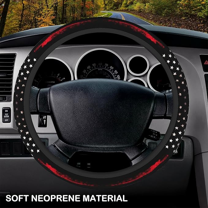 Red Black American Flag Elastic Steering Wheel Cover, Non-Slip Breathable Neoprene Steering Wheel Covers, Men Car Accessories, Universal 15 Inch Fit Auto, Suvs, Truck