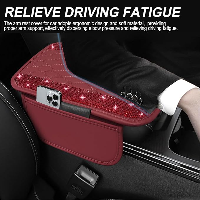 NBTEPEM Bling Burgundy Red Car Center Console Cover, Leather Car Arm Rest Cover with 2 Storage Bags, Universal Auto Armrest Protector Storage Box, Bling Accessories Interior for Most Vehicles