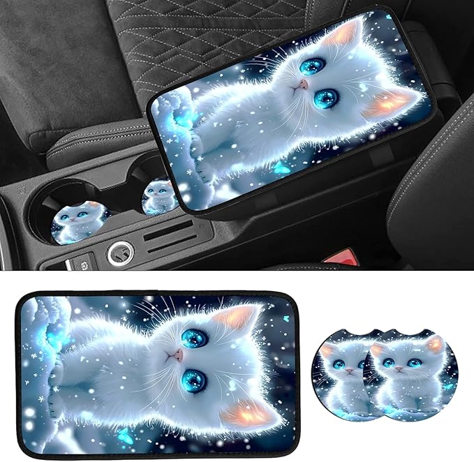 JANENFNA Car Armrest Cover Pads Universal Fashion Cute Auto Center Console Armrest Cover Pad with 2PCS Car Coasters Soft Waterproof Car Armrest Seat Protector for Women,Snow White Kitten