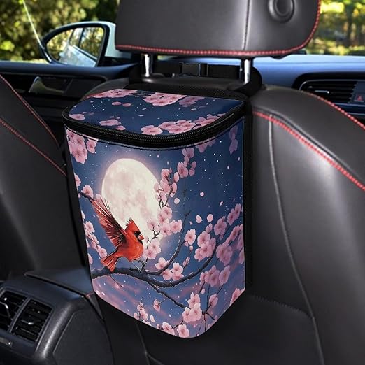 Talayituse Cardinal Moon Cherry Blossom Print Car Trash Can with Lid, Leak Proof Auto Trash Bag Hanging Vehicle Garbage Can Multipurpose Storage Container for Back Seat Road Trip