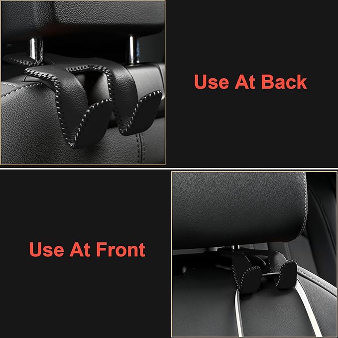 AMVOYOA 【2021 Upgraded】 Car Purse Hook, 2 in 1 Car Seat Headrest Hooks Durable Hanger Storage Holder Leather Organizer for Hanging Grocery Bags, 1 Pack, Black