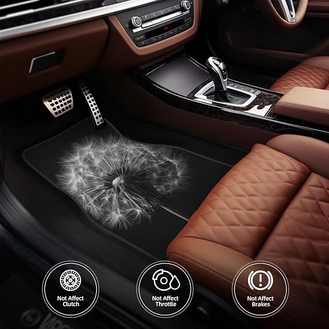 Black and White Dandelion Car Floor Mats,4 Piece, Car Rug Durable Anti-Slip Waterproof Trim to Fit Liner Universal Fit Auto,Sedan,SUV,Truck