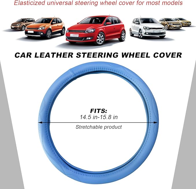 15 Inch Leather Steering Wheel Cover, Breathable Anti-Slip Steering Wheel Protector Cover, Elastic Soft Comfortable Universal Wheel Cover for Men and Women, Car Accessories (Blue)