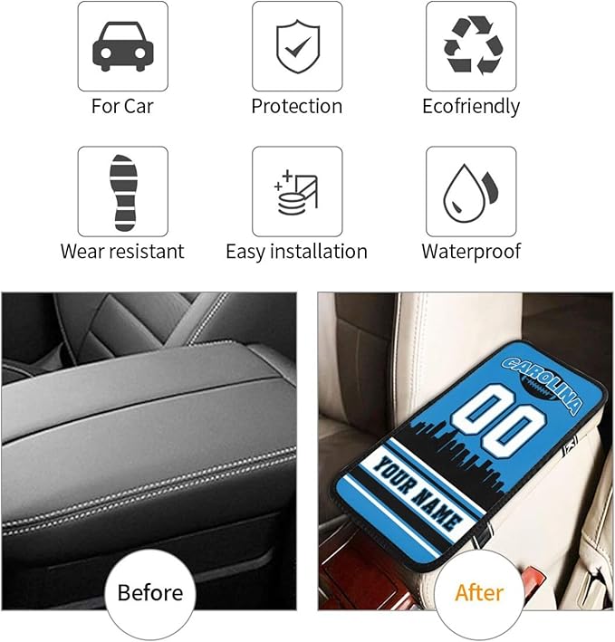 Custom Carolina Car Armrest Covers Personalized Football Style with Name Number Customized Auto Center Console Pad Car Handrail Box Cushion for Most Vehicle Decor Accessories, Fans Gift