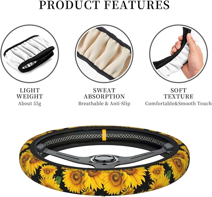 Sunflower Neoprene Steering Wheel Cover for Men Women Anti-Slip Elastic Steering Wheel Protective Cover 15in Universal Car Accessories Fit Cars, SUVs, Auto