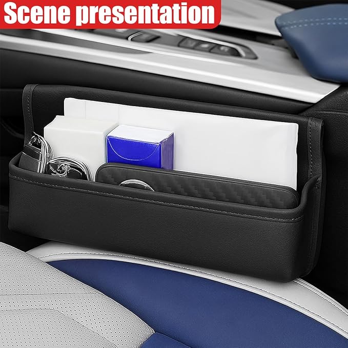 Car Seat Gap Filler Organizer, Leather Universal Gap Bag Car Storage Box for Phones, Keys, Glasses & Cards, Adjustable Front Seat Side Pocket Organizer for Cars, No Seat Belt Block (Black)
