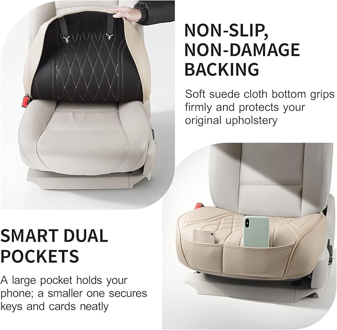 EQUIDEVDY 2 Pack Leather Bottom Car Seat Covers,Front Seat Covers for Cars,Driver Car Seat Cover,Luxury Faux Leather Seat Protectors,Full Wrap,Waterproof,for Most Vehicles,Sedan,SUV,Truck (Beige)