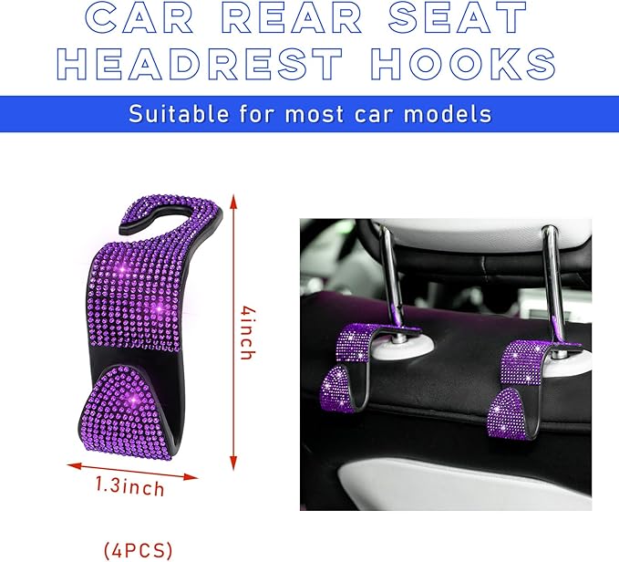 4 PCS Bling Car Seat Headrest Hooks, Crystal Rhinestone Back Seat Hanging Storage Organizer, Vehicle Seat Hanger Holder for Purse Handbag Coat, Interior Car Accessories (Purple)