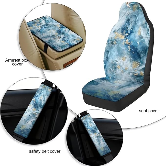Qeluxign PU Leather Car Seat Covers Set - Includes 2 Seat Protectors, 2 Shoulder Pad Covers, 1 Armrest Cover for Car Decoration,Blue Gold Marble